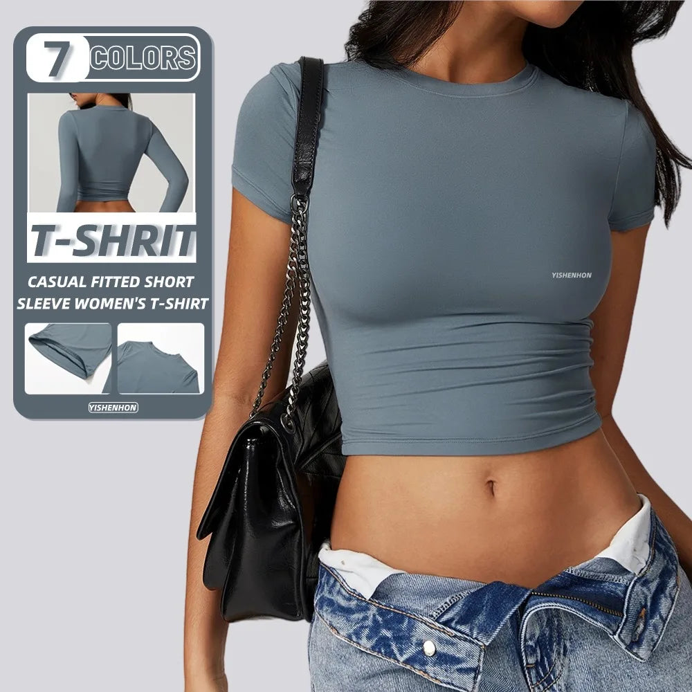 Women's Crop Top T-shirt Spicy Girl Summer Pullover Top Women's Thin Round Neck Fashionable Milk Silk Short Sleeved Shirt