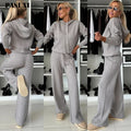PASUXI Wholesale Fall Winter Women Solid Kitnit 2 Pcs Set Breathable Knit Hood Long Sleeve Sweatsuit Straight-leg Pants Casual