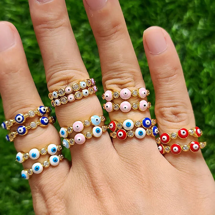 RM1082 Hot Selling Chic Colorful Enamel Pastel Rainbow Cubic Zirconia CZ Micro Pave Evil Eyes Rings for Ladies Women