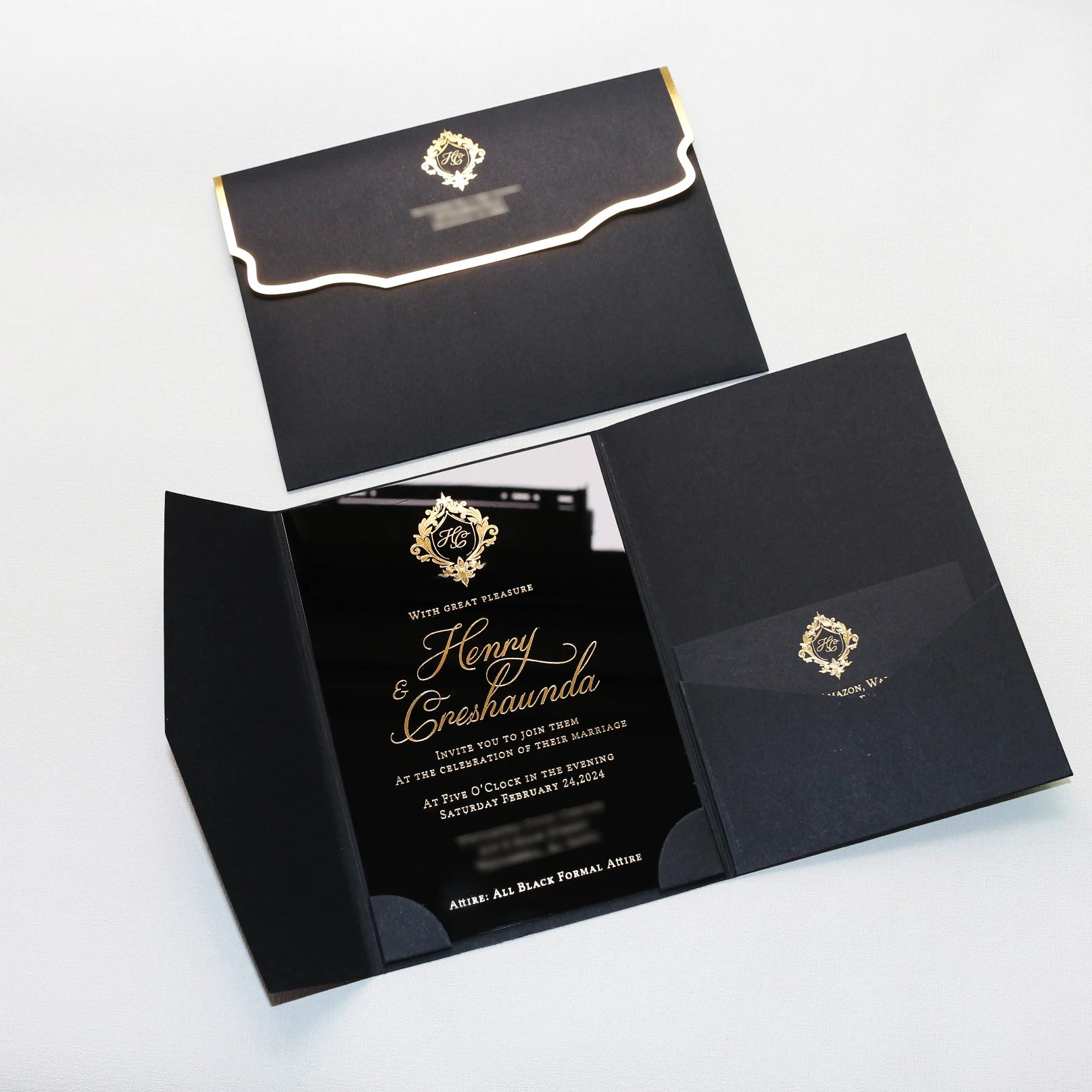 Elegant Black Acrylic Wedding Cards Pocket Folder Wedding Invitation With RSVP Card