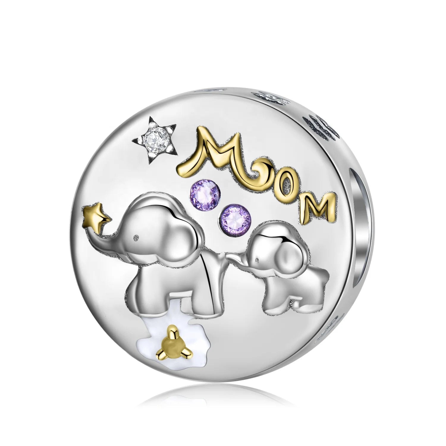 Elephant Mom & Elephant Baby Round Charm 925 Sterling Silver Bead with CZ for Women Fine Bead Jewelry Bracelet Mother's Day Gift