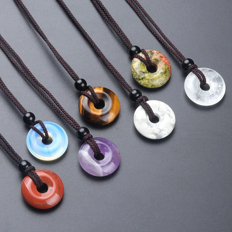 Factory Ins Style Natural Gemstone Agate Birthstone Crystal Woven Rope Lucky Safety Buckle Donut Pendant Necklace for Men Women