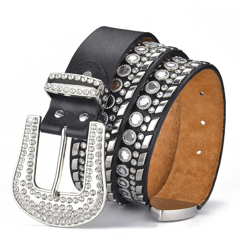 Unisex Black Rhinestone Belt with Alloy Pin Buckle Shiny Vintage Style 105cm Length-Economy Bling Bling Waist Belt