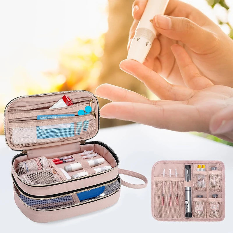 Pink Double Layer Insulin Diabetes Case Bag Insulated Insulin Pen Drink Cooler Bag Insulin Travel Cooler Bag with 2 Ice Packs