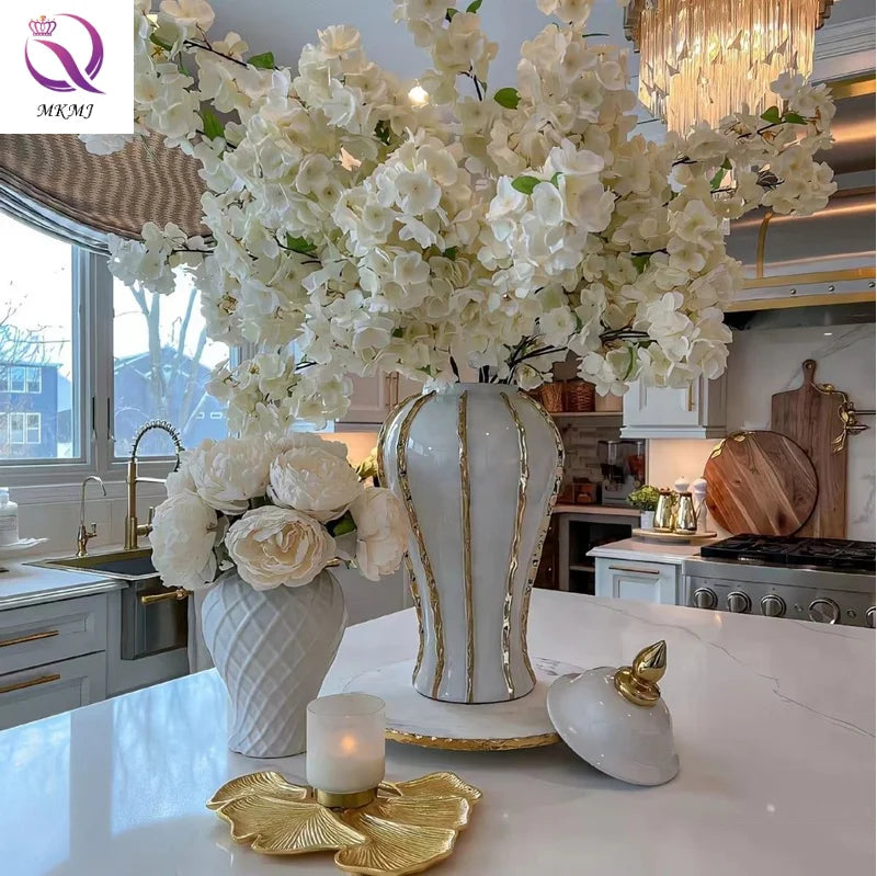 European Tall Ceramic Vase With Gold Striped Electroplating Light Luxury White Ginger Jar for Hotel Home Tabletop Vase