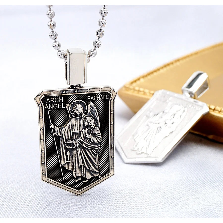 Fine Men Silver Jewelry Pendant 925 Medal Arch Angel Raphael Oxidized Pendant Religious Charms for Necklace