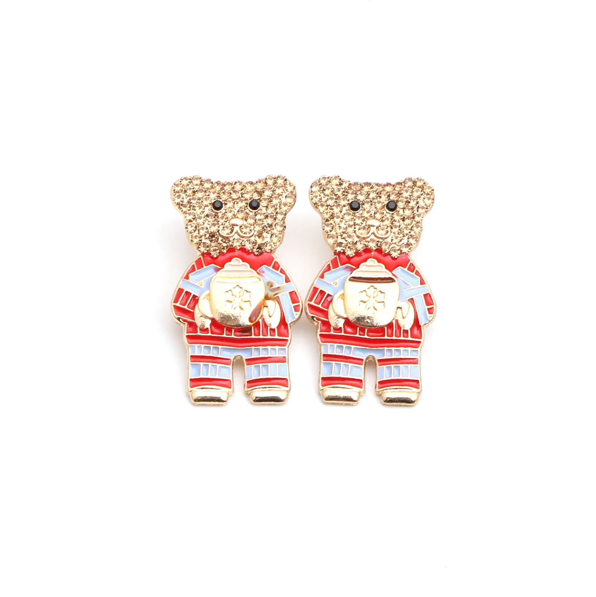 New Fashion Girls' Teddy Bear Enamel Stud Earrings Topaz Pave Glass Stones Gold Plated Casting Alloy Trendy Cartoon Design Gift