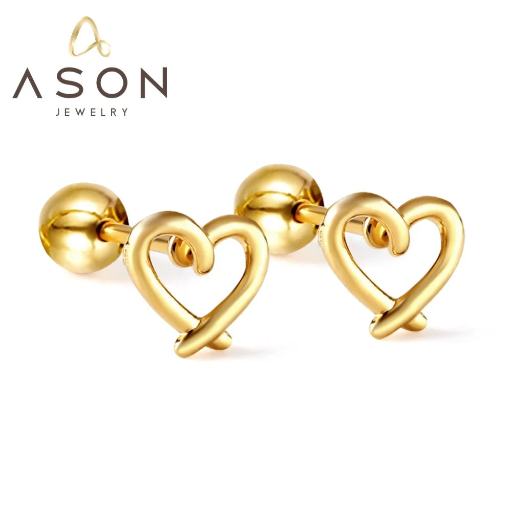 Ason Jewelry New Stainless Steel Love Screw Earrings Ladies Steel Ball Screw Plug Heart Hollow Stud Earrings