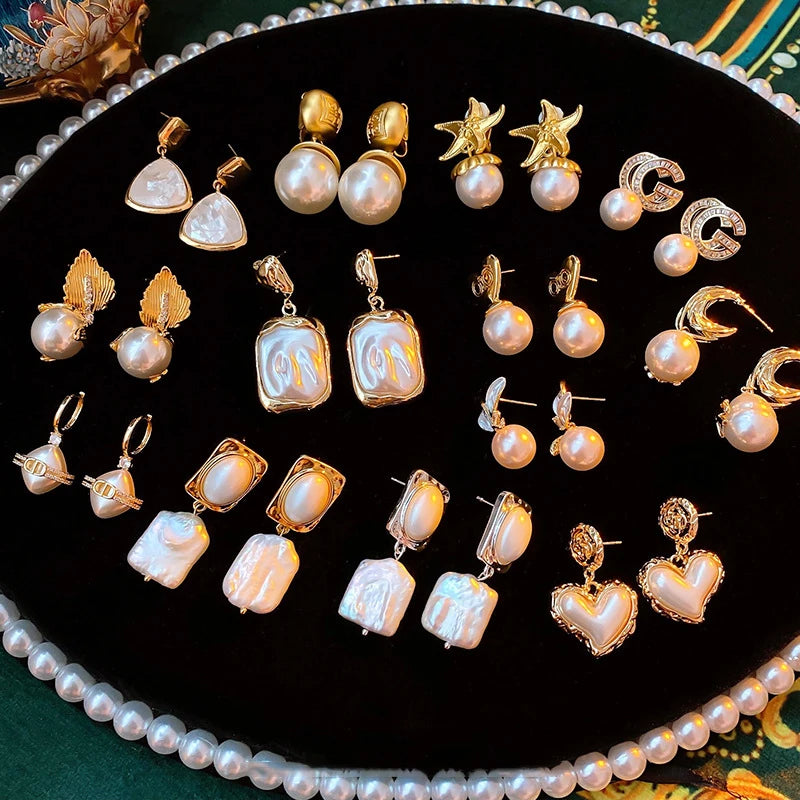 French Vintage Inlay Pearl Middle Ages Drop Earrings RNeedle Pearl Pendant Hoop Earrings Jewelry