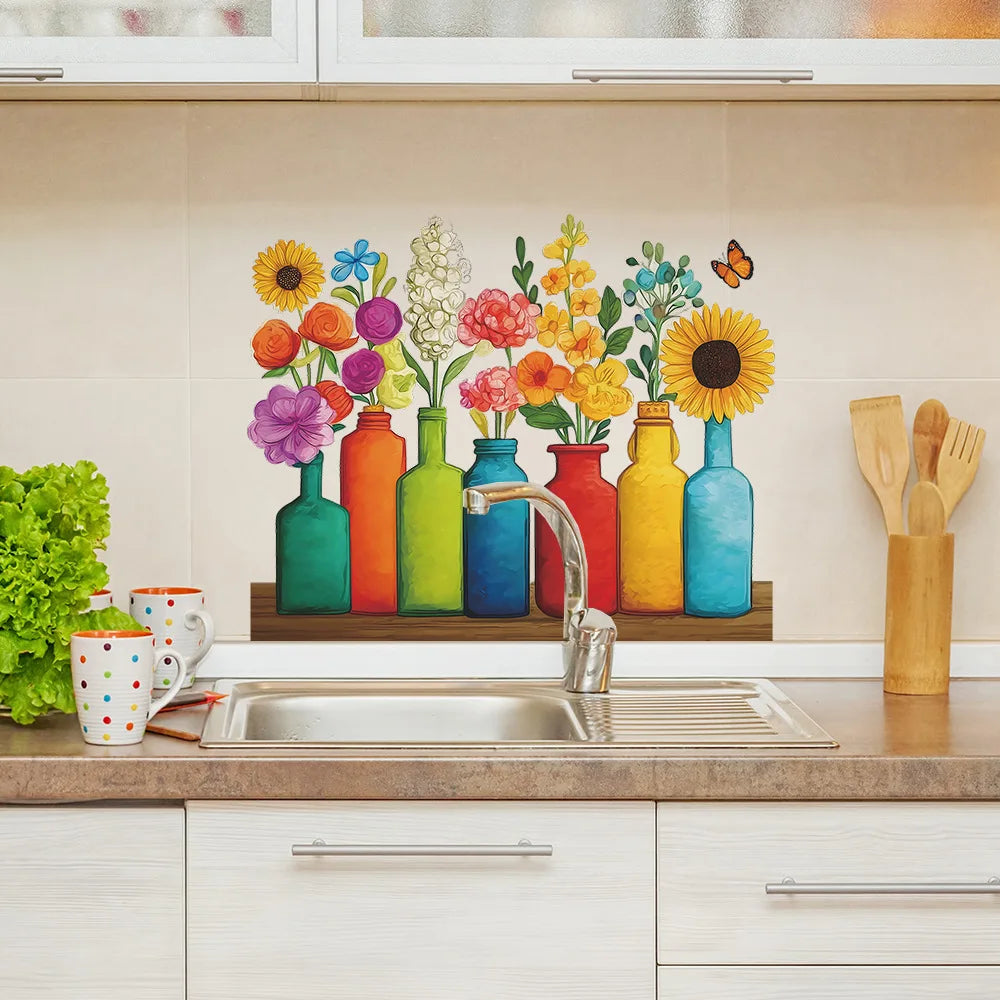 New Arrival 3d Vase Wall Decor Stickers Flower Self Adhesive Wall Stickers Wallpaper for Kitchen