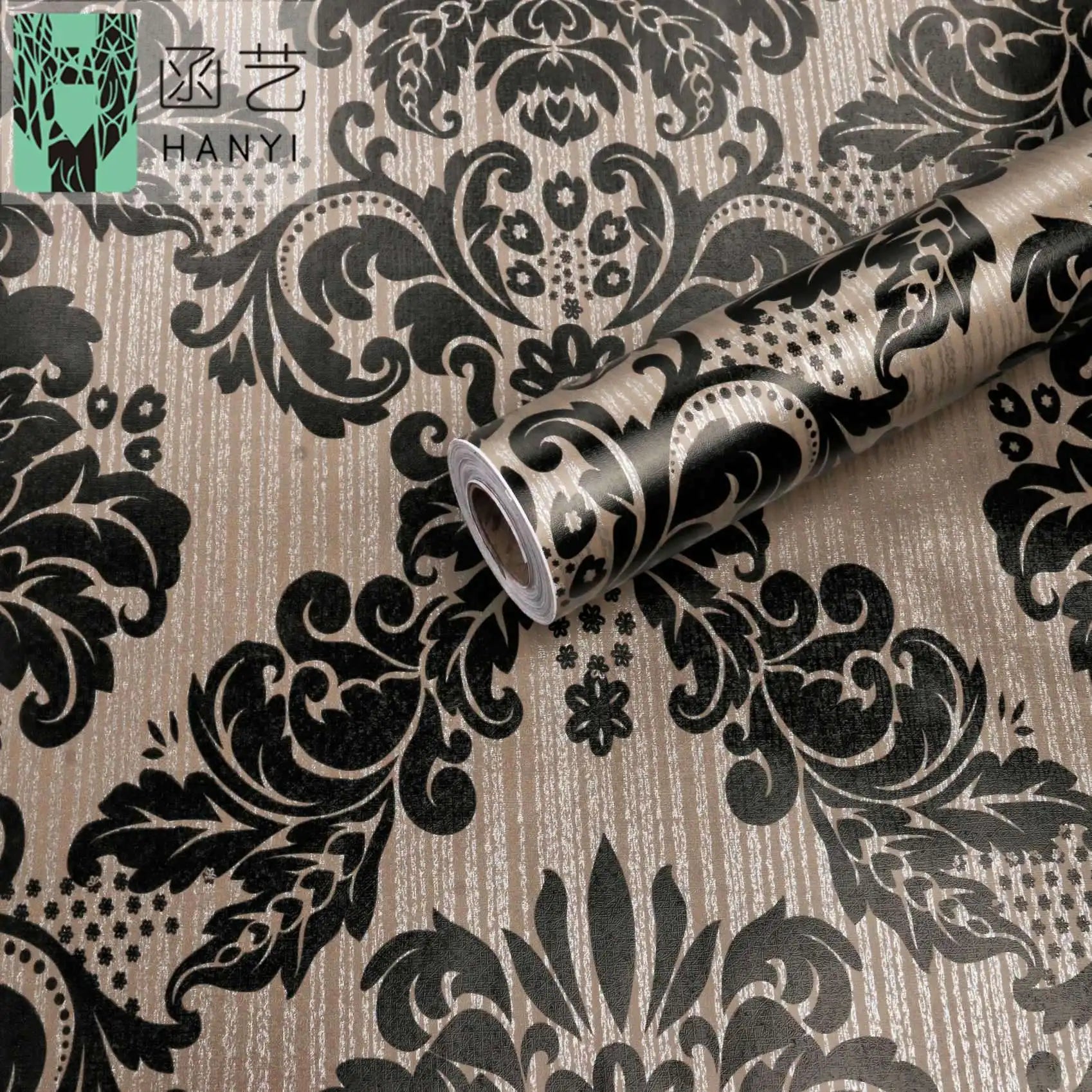 Chinese Factory Wallpapers SimpleLife Black Damask Self-Adhesive Shelf Drawer Liner PVC Tabletop Protect Paper
