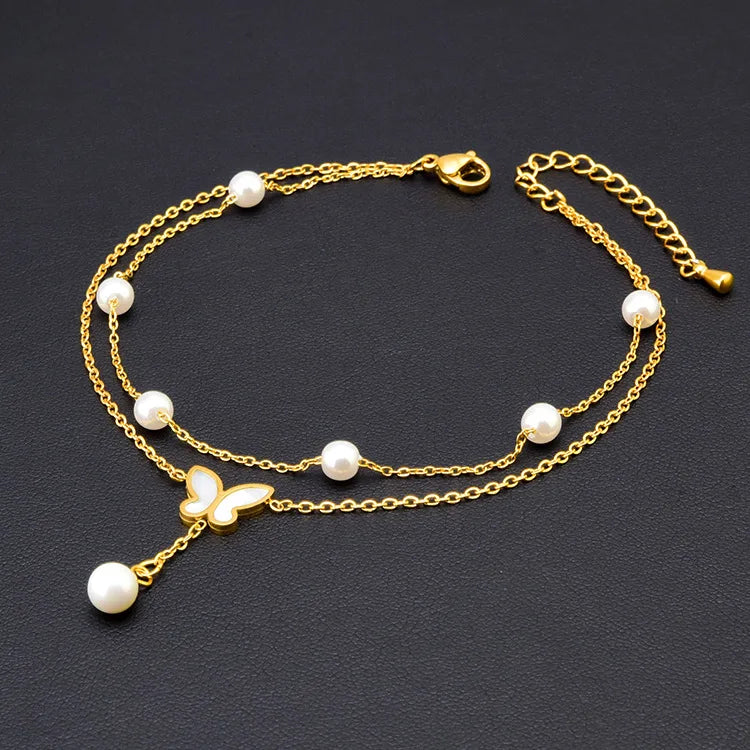 Korean Foot Jewelry White Shell Tassels Gold Plated Butterfly Pendant Anklet Chain Beach Jewelry Anklet