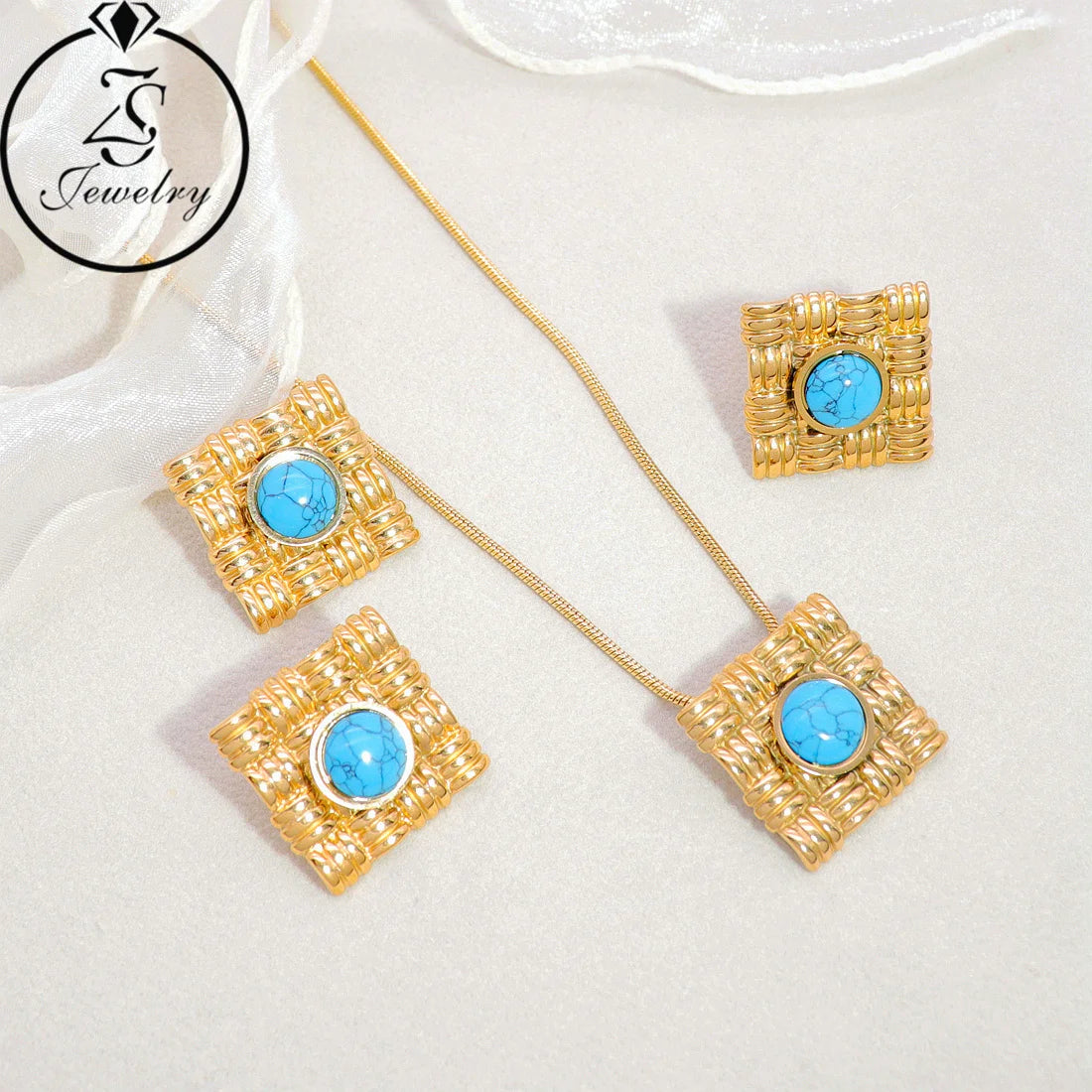 Minimalist Jewelry Girl Gold Plated Stainless Steel Eye Shaped Blue Opal Fashion Element Women Design Earring Set