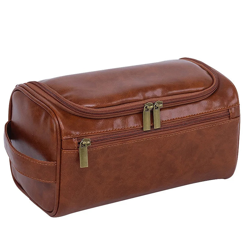 Custom Logo Men's PU Waterproof Toiletry Bag - Luxury Faux Leather Cosmetic Pouch with Hook Travel Shaving Kit OEM/ODM