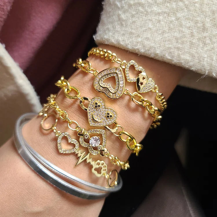 BC1409 Trendy Women Bracelet Fashion 18k Gold Plated CZ Pave Dog Paw Print & and Heart Beat Heartbeat Charm Chain Bracelet