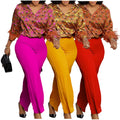 D541 Trendy Ladies Suits Office Wear Outfits for Women Long Sleeve Printed Shirt and Wide Leg Pants Two Piece Set for Women