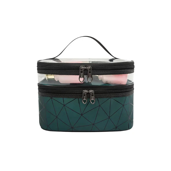 Large Capacity Double Layer Makeup Bag Diamond Pattern Trousse De Maquillage Zipper Closure Lady's Travel Toiletry Case