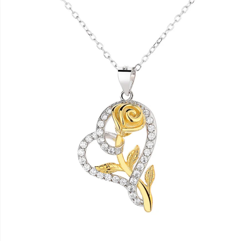 S925 Sterling Silver Rose Flower Necklace Two-Tone Pendant Necklaces for Women Girls Gift for Birthday Christmas Mother Day