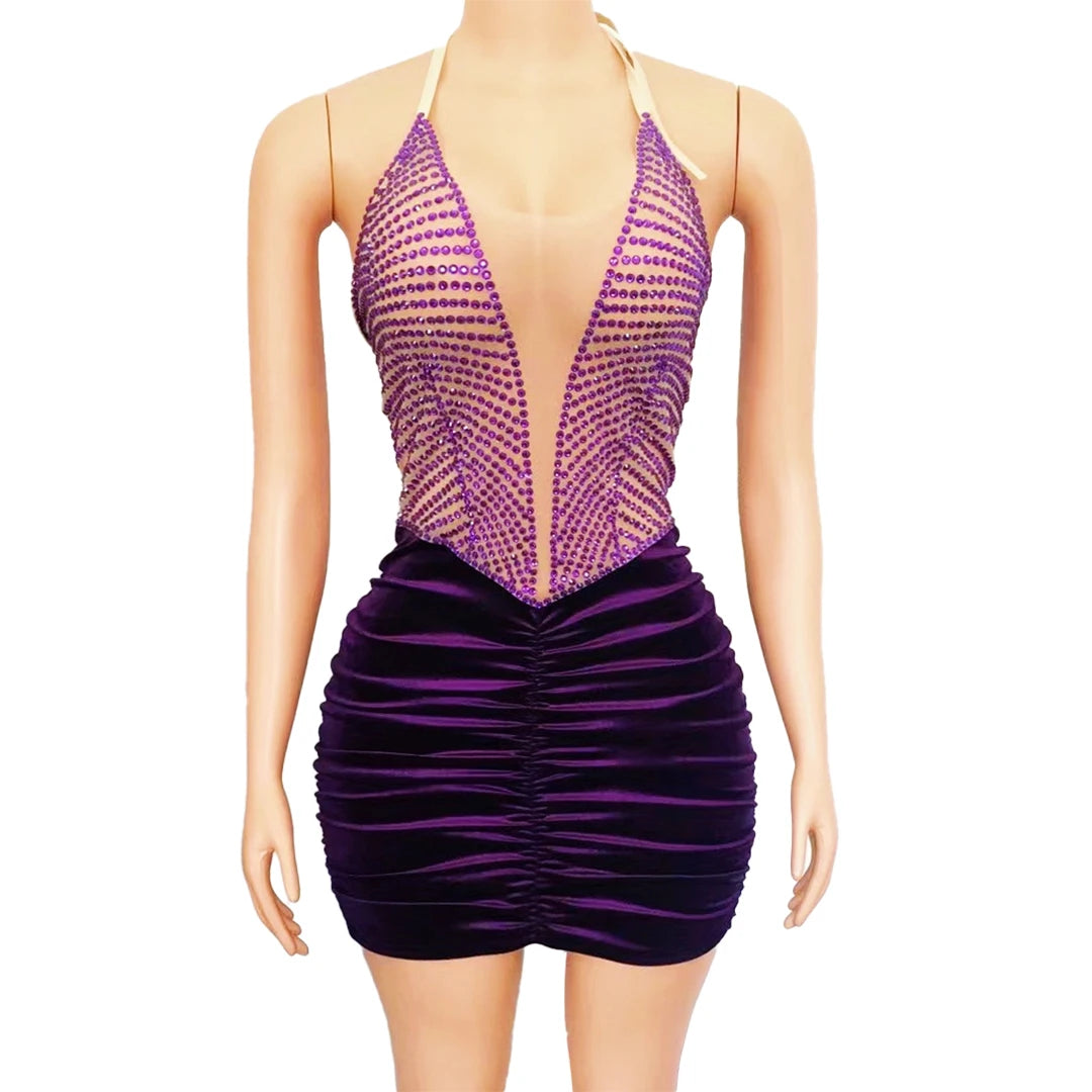 Trending Products Sexy Halter Purple Crystal Rhinestone Banquet Evening Gowns Club Dance Wear Women Bodycon Short Prom Dress