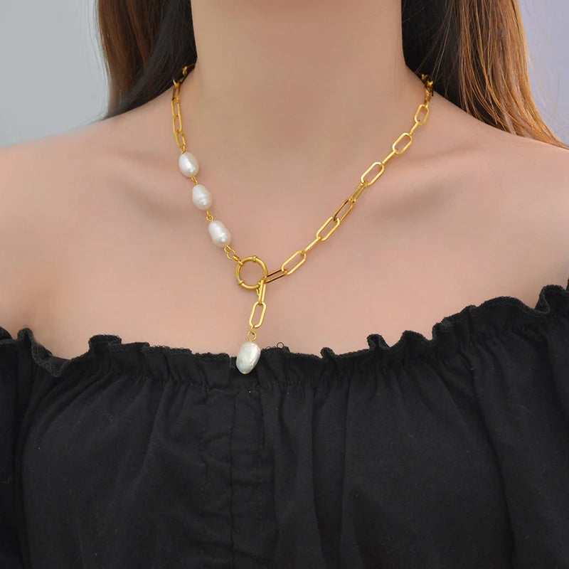 18K Gold Plated Titanium Steel Necklace with Pearl Pendant Fashionable Simplicity Link Chain Jewelry for Women's Anniversary