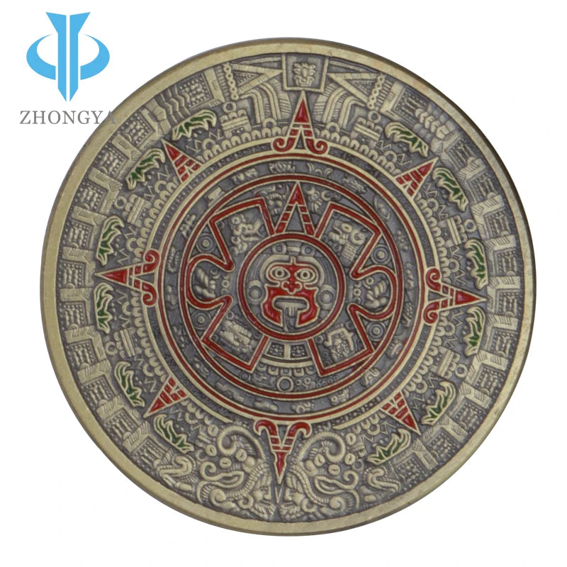 Aztec Mayan Copper Calendar Coin Custom Mexico America Myths and Legends Souvenir Enamel Old Coins