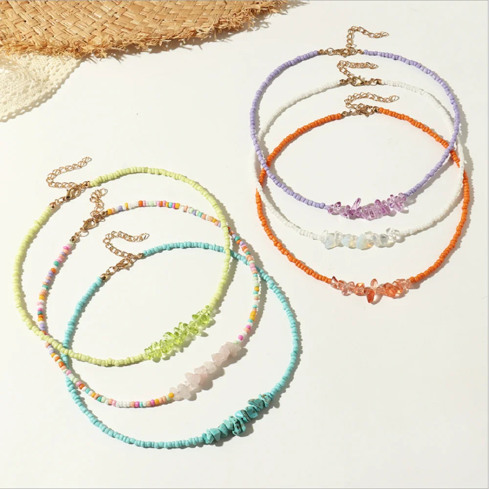 Fashion Multi-color Rice Seed Beads Irregular Crystal Gravel Necklace Charm Women Gem Stone Choker Necklaces Jewelry