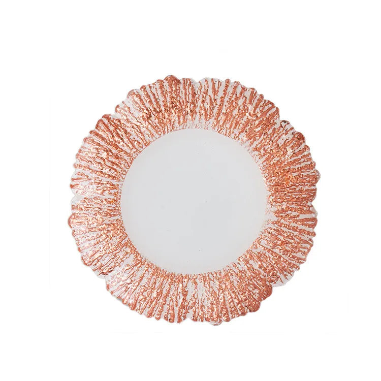 Lead-Free Food-Safe Luxury Glass Plates Charger Home Eco-Friendly Novelty Clear Wide Pink Golden Silver Rim Handpainted Pattern