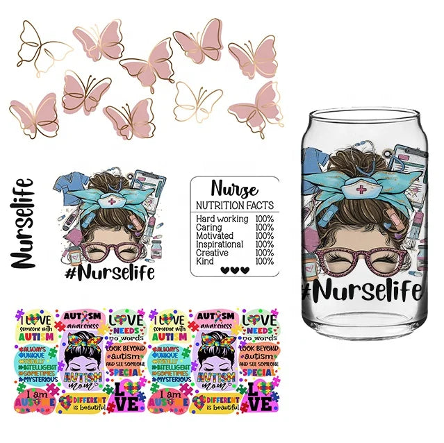 Free Sample Custom Uv Dtf Glass Cup Wraps Printer Film Sticker Transfers Ready to Ship Uv Dtf Prints for 16oz clear Cups Wraps
