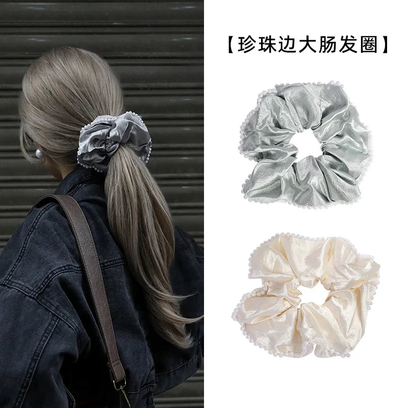 French Retro Large Intestine Hair Tie Milky White Velvet Pearl Superb High-End Women's Hair Scrunchy Accessories