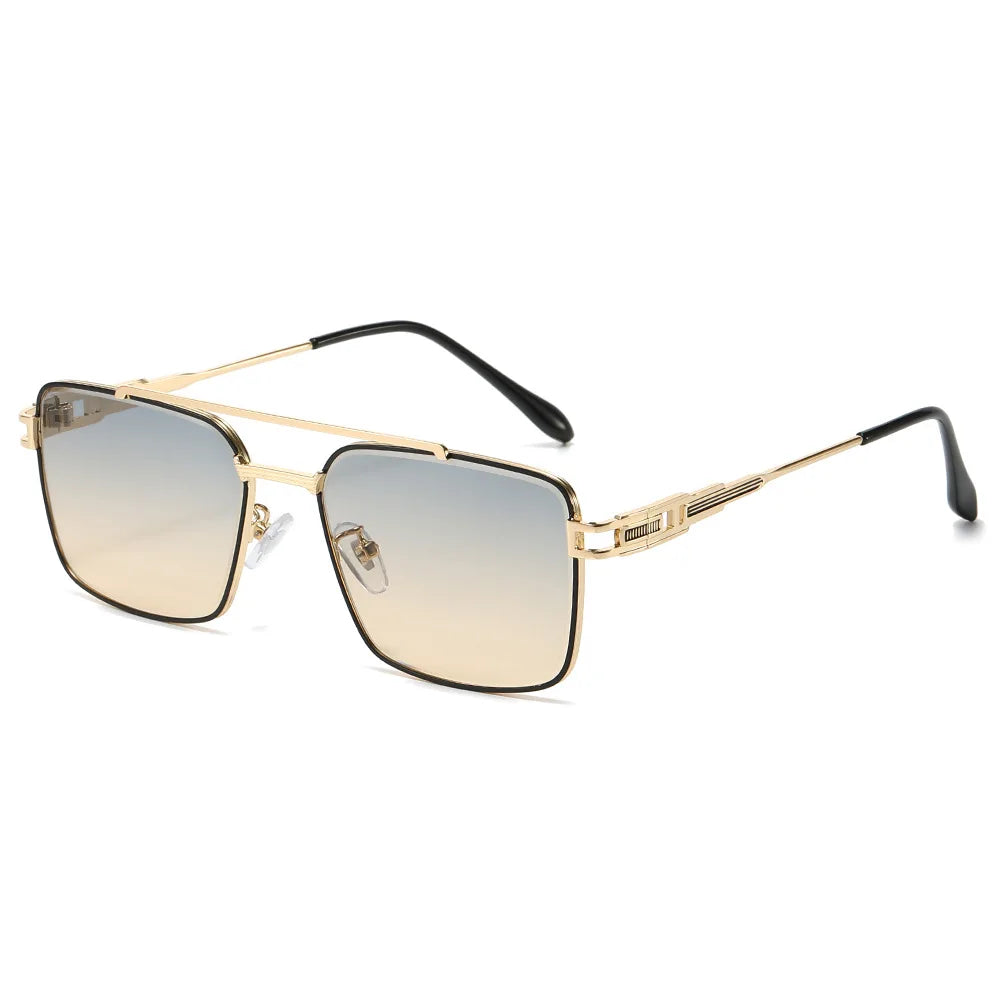 High Quality Design Vintage Classic UV400 Metal Frame Eyewear Square Gradient Colorful Double Bridge Sunglasses