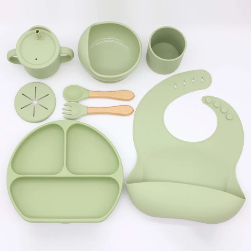Silicone Baby Tableware Set Feeding Bottles Water Cup Bowl Spoon Fork Bib Cutlery for Kids Dining