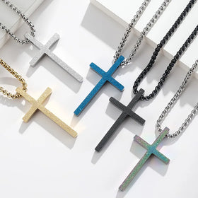 Wholesale Men's Stainless Steel Matte Frosted Cross Necklace with Link Chain Religious Style Pendant Necklace for Anniversary
