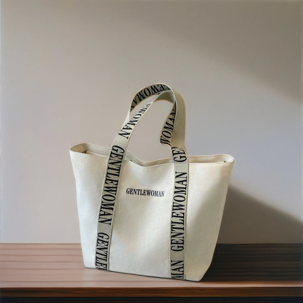 Custom Logo Large Letter Pattern Rope Eco-friendly Reusable Women's Gift Reinforced Cotton Canvas Shoulder Tote Bag Pocket