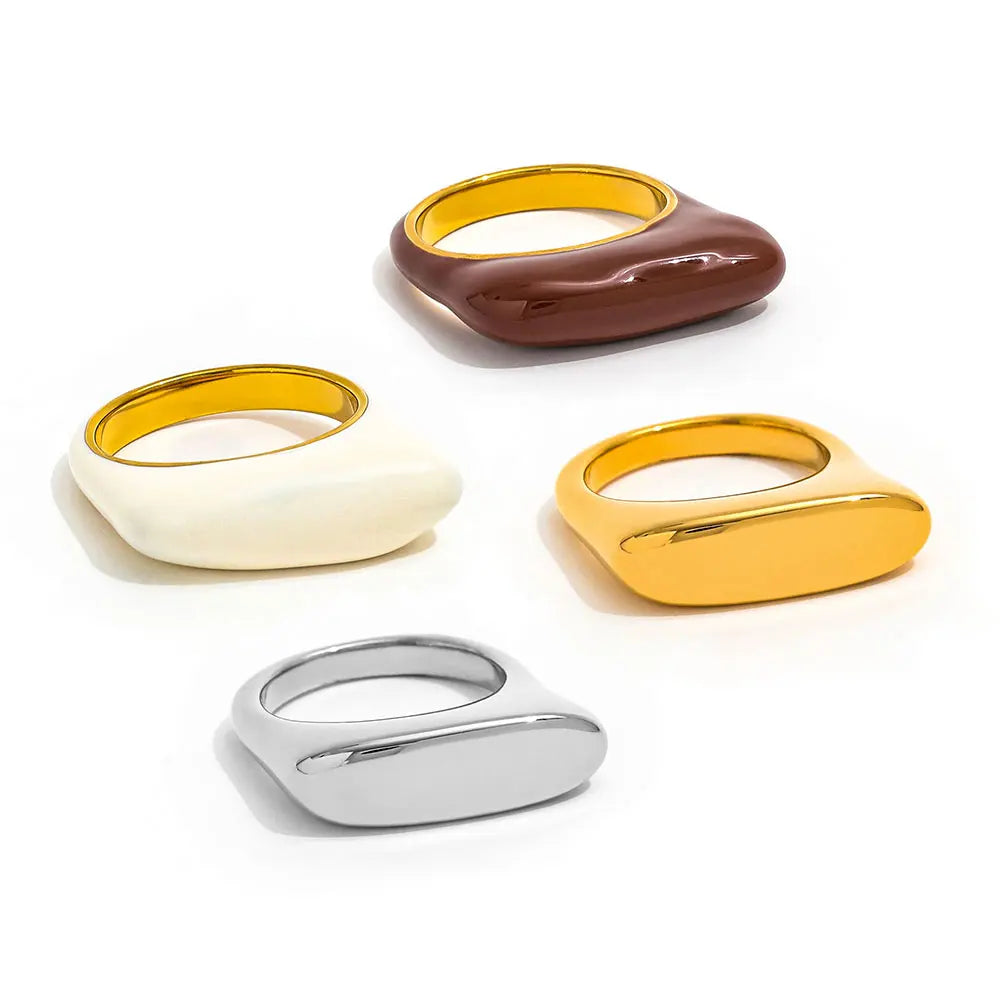 High End 18K Plain Gold Enamel French Flair D Rings Stainless Steel Trendy Simple Gold Plated Jewelry Tarnish Free