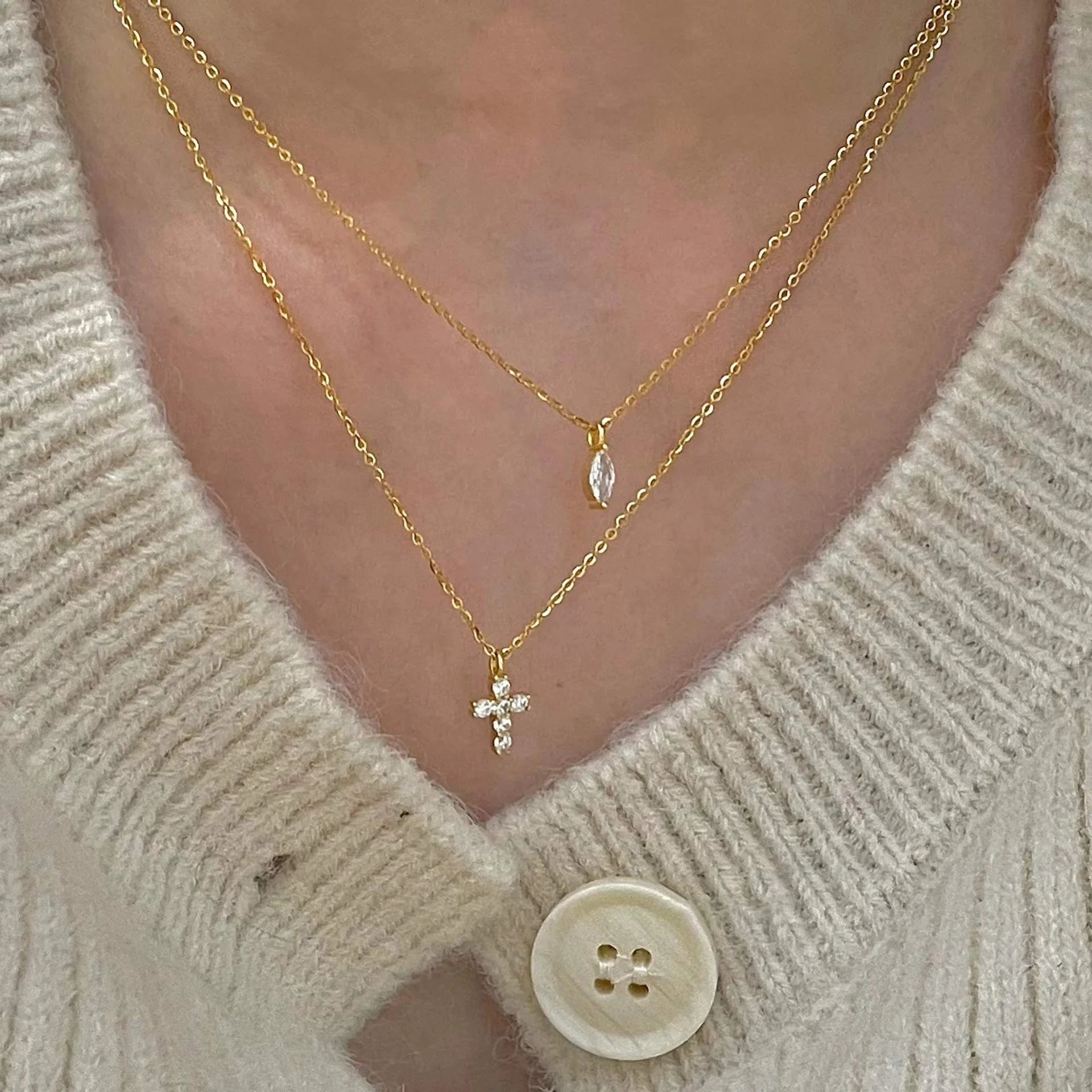 INS Pure 925 Sterling Silver Double Layered Chain with Shiny Zircon Mini Cross Pendant Necklace for Women Girls