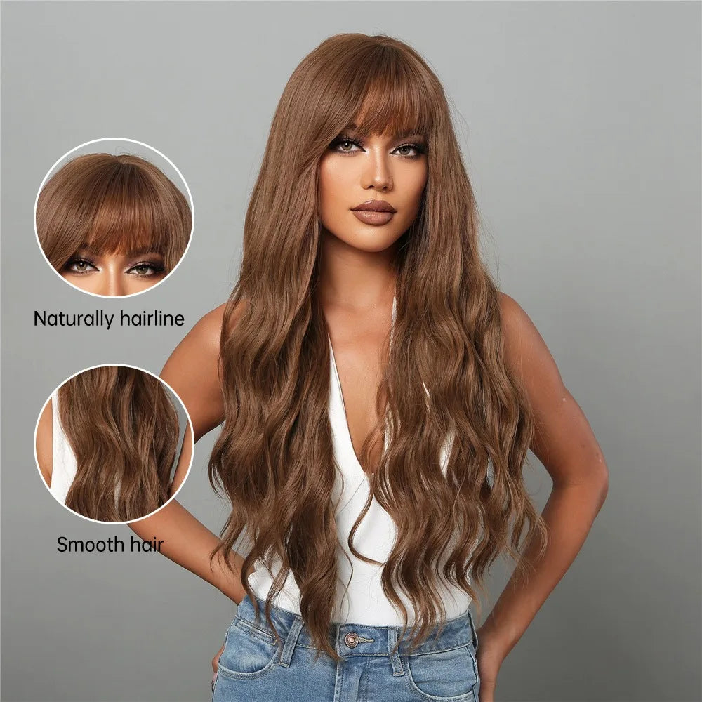 Wig Manufacturer Long Brown Natural Wave Synthetic Wigs with Bangs Copper Ginger Hair Wigs for Women Daily Use Heat Resistant