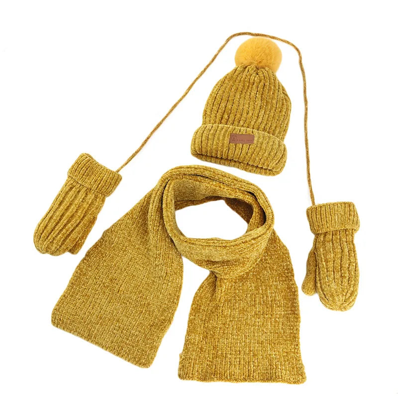 3Pcs Toddler Baby Beanie Cap Winter Warm Fur Ball Hats  Scarves Kids Knitted Beanie Cap
