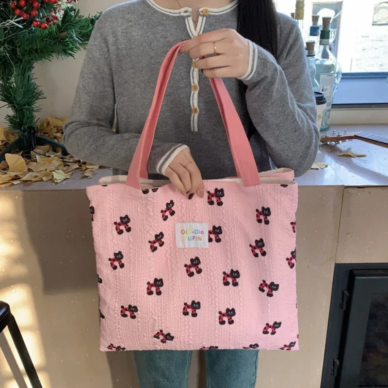 Sweet Cartoon Shoulder Bag for Women Cute Stripe Ladies Travel Shopping Bags Large Capacity Girls Book Tote Reusable Handbags