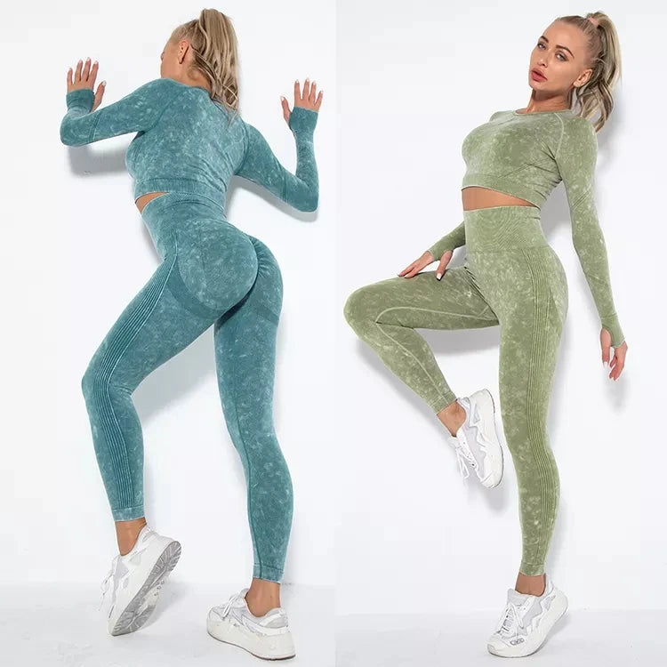 Women Tie Dye Long Sleeve Yoga Sets Scrunch Bottom High Waist 2pcs Sports Sets