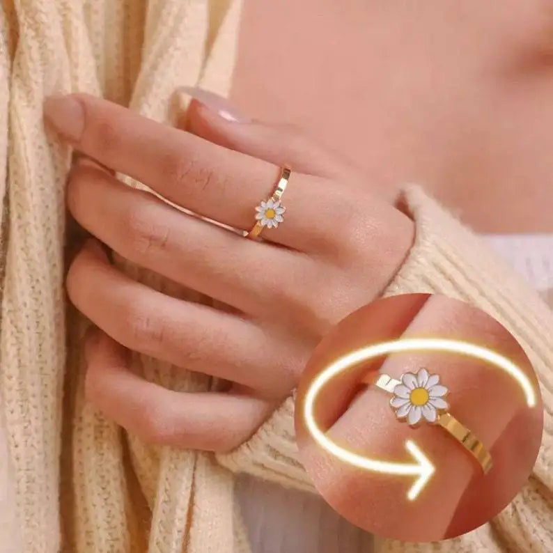 Fashion Jewelry Rotatable Daisy Flower Rings Rotating Spinning Anxiety Fidget Ring