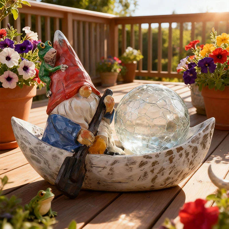 Resin LED-Lit Boat Gnome Statue with Frog Companion Hand-painted Artistic Design Home Decor Figurines Business Gift