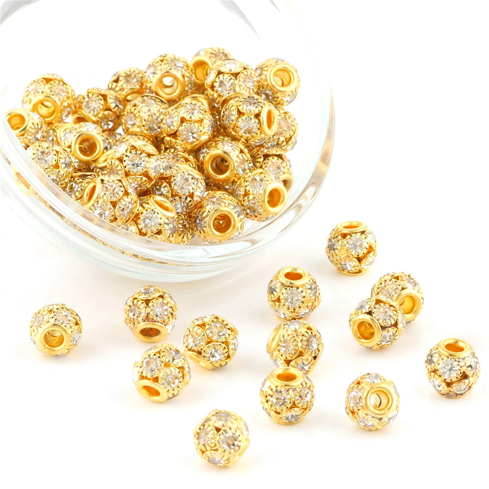 8/10/12mm Metal Loose Beads Round White Rhinestone Crystal Spacer Beads for Bracelet Making DIY