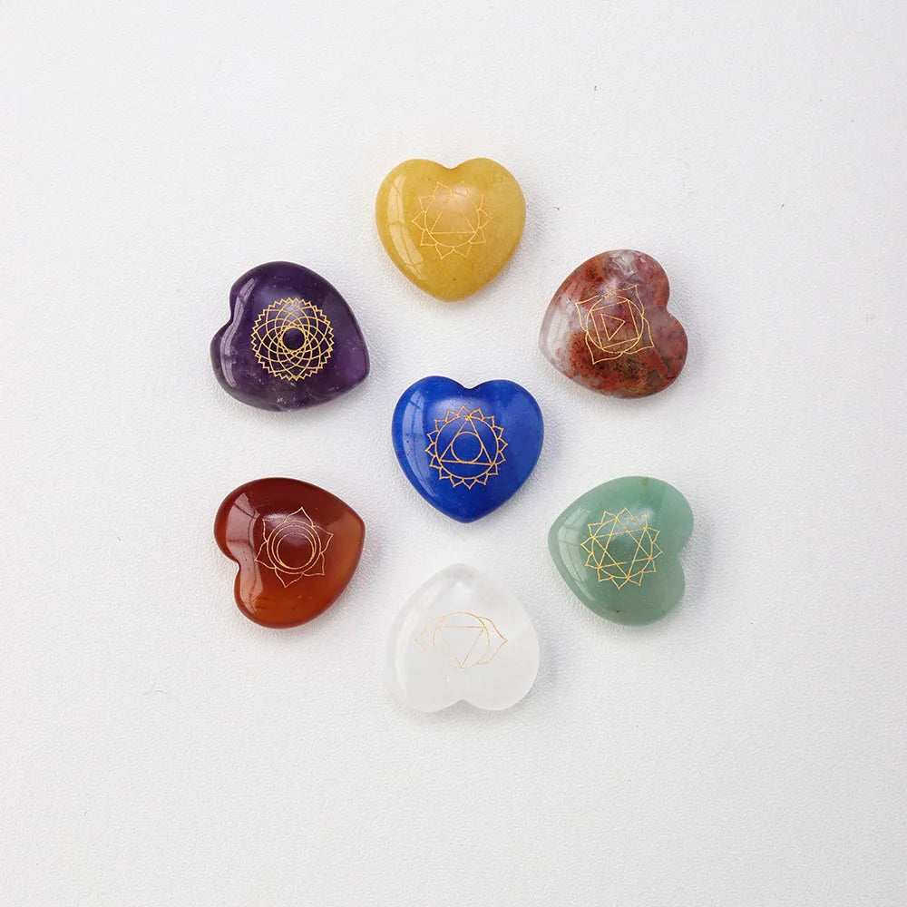 Yoga Energy Stone Heart Shaped Gold Stamped Seven Color Love Ornament Chakra Symbol Crystal Agate Stone Set for Mothers Day