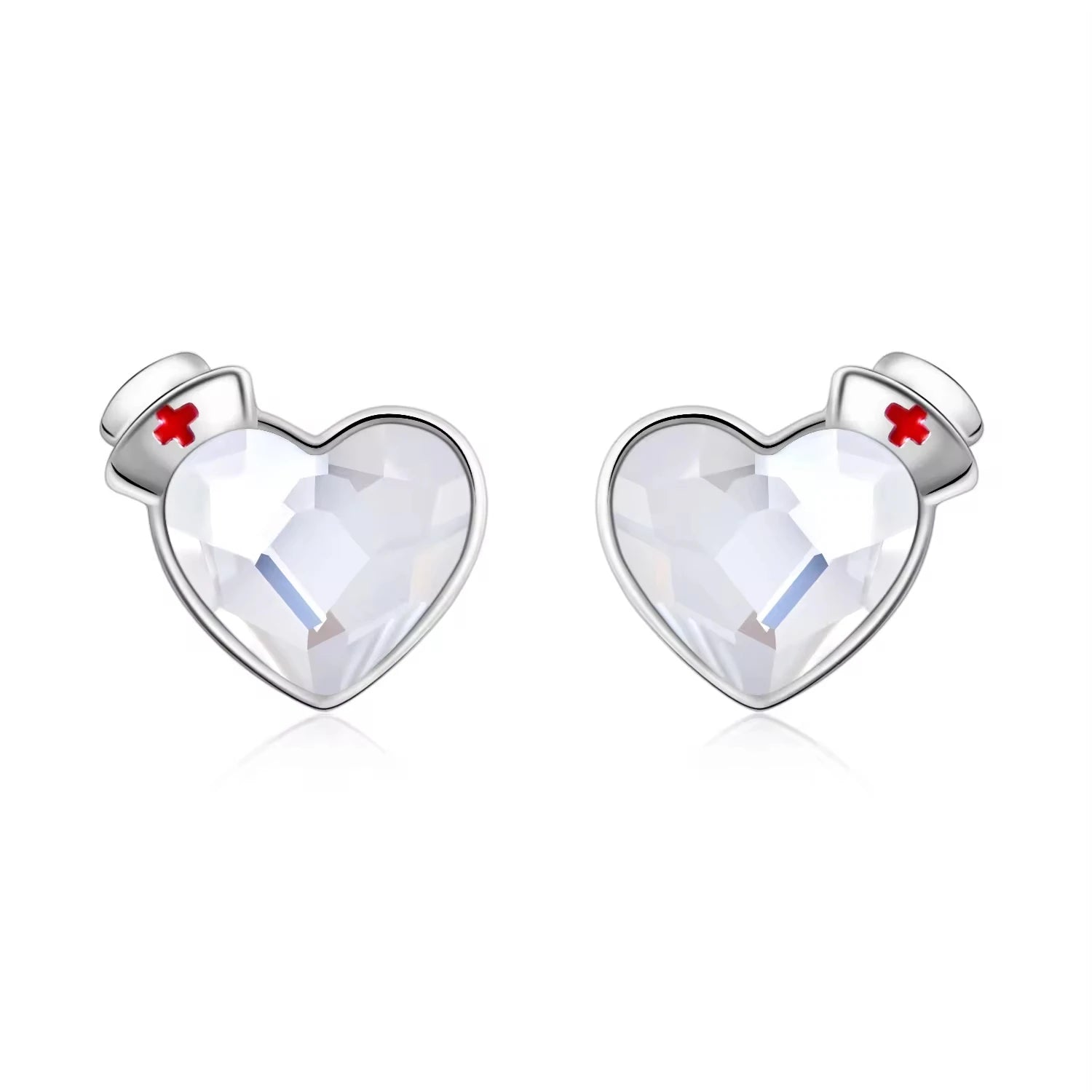 925 Sterling Silver Red Enamel Cross Nurse Heart Birthstone Crystal Stud Earrings for Women