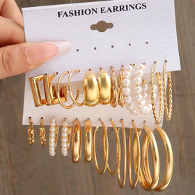Hot Selling Cheap Geometric Mixed Designs Earrings Set Gold Plated Twisted Circle Pearl Stud Hoop Earrings for Women Jewelry