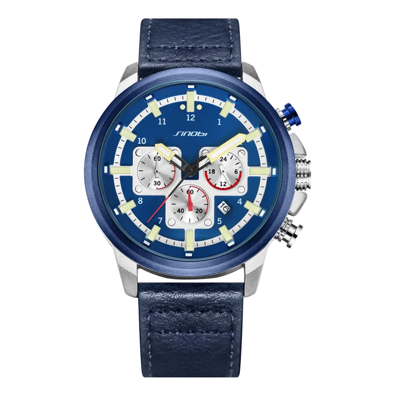 SINOBI Men's Alloy Quartz Watch Water Resistant Stainless Steel Band Glass Pointer Movement Luxury Leather Strap Multifunctional MegaBDM
