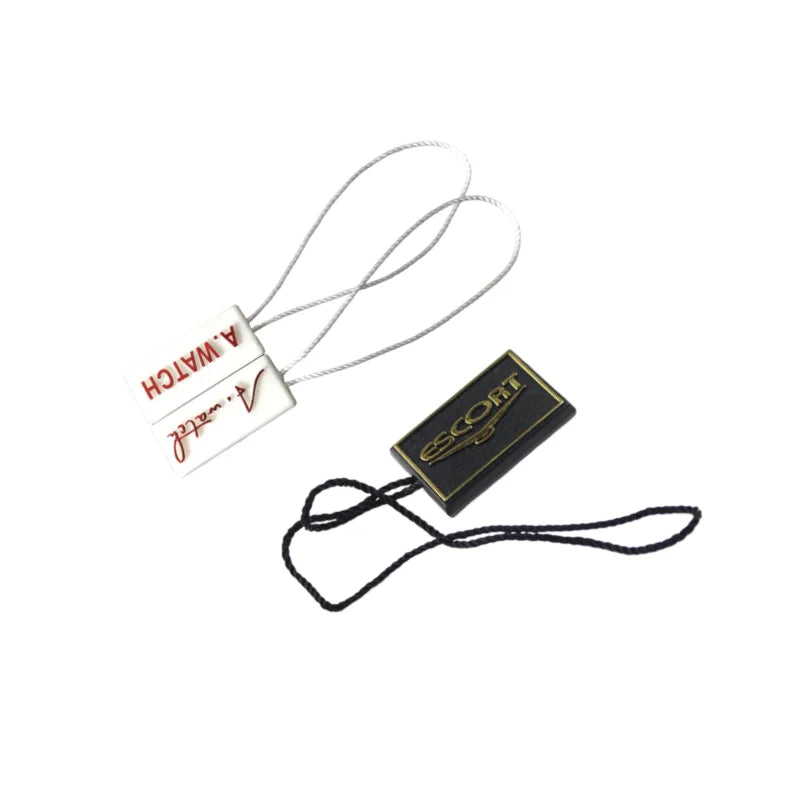 Custom Made Durable Embossed Brand Name Watch Hangtags Plastic Tag String Rectangular Shape Laser Engraved for Watches Jewelry
