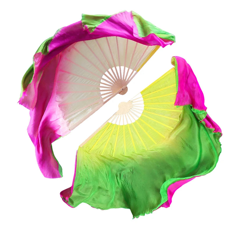 Wholesale Professional Double-Sided Silk Fans Big Bamboo Short with Veil Two-Color Design for Dance Performance