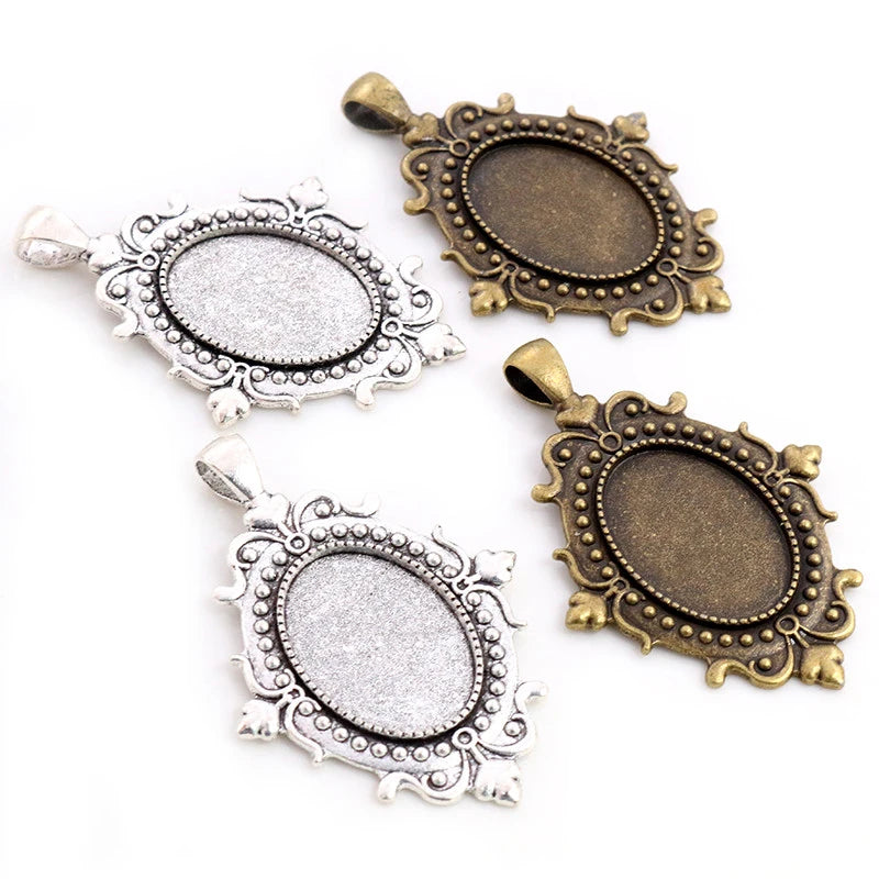 18x25mm Inner Size Antique Silver Plated Bronze Vintage Flower Cameo Cabochon Base Setting Pendant Necklace Bezel Trays