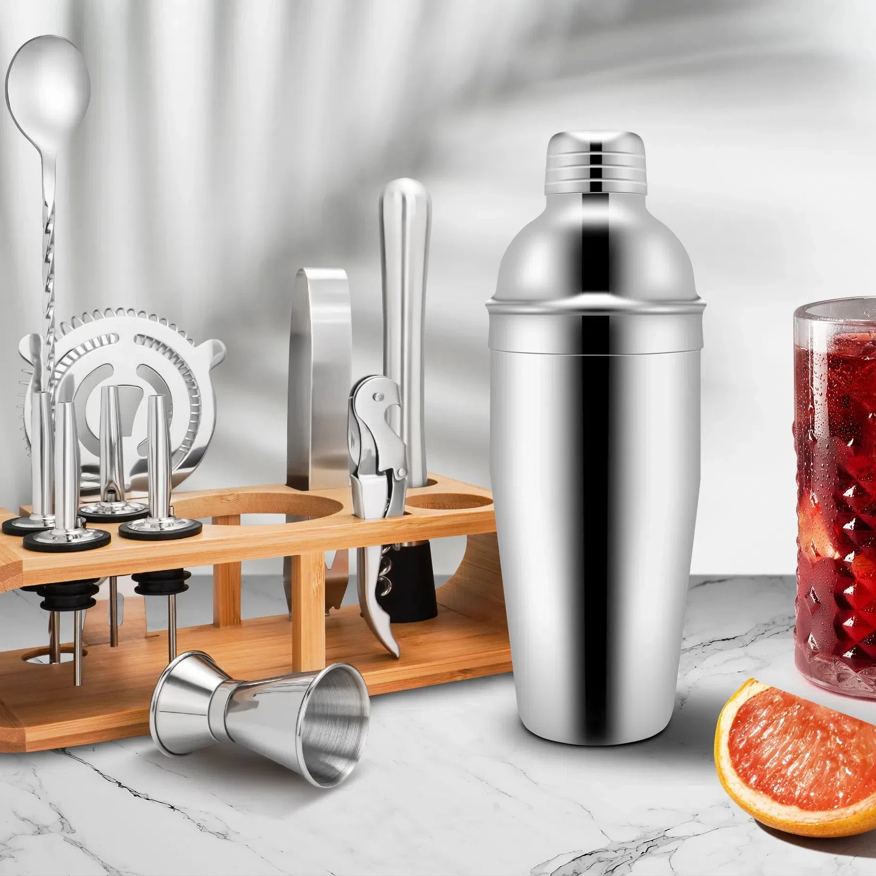 Bartender Accessories Stainless Steel Bartender Kit 12 Pcs Cocktail Set 750 ml Cocktail Shaker Set With Bamboo Stand